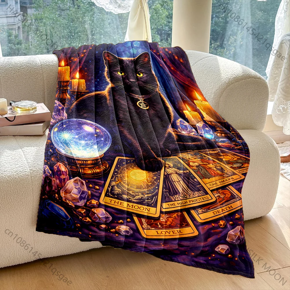 Enchanted black cat tarot crystal ball candles Print Blanket Warm Soft Fluffy Kids Adult Sofa Bed Throw Outdoor Travel Camping