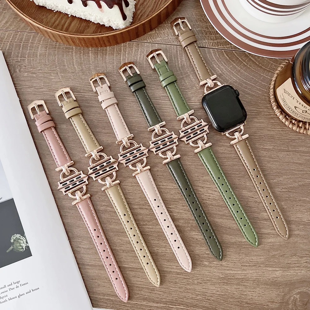 Leather Slim Watchband For Apple Watch Band 41MM 45MM 40mm 44mm 38mm 42mm Series 8 7 SE 6 5 4 3 2 Woman Thin Correa Wrist Strap