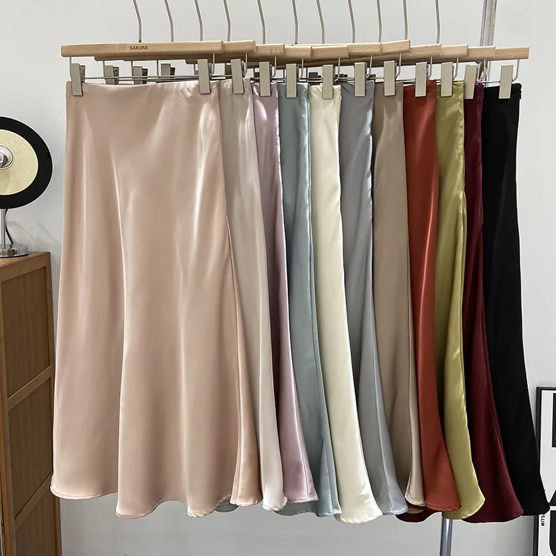 Elegant French Satin Women Fishtail Skirt Spring Summer High Waist Wrap Hip Slim Long Skirt Ladies Skirts