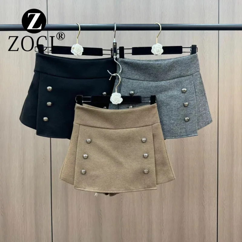 [ZOCI] Winter Front Splicing Fabric Double Breasted Decorative French Extremely Simple Style Versatile Woolen Shorts