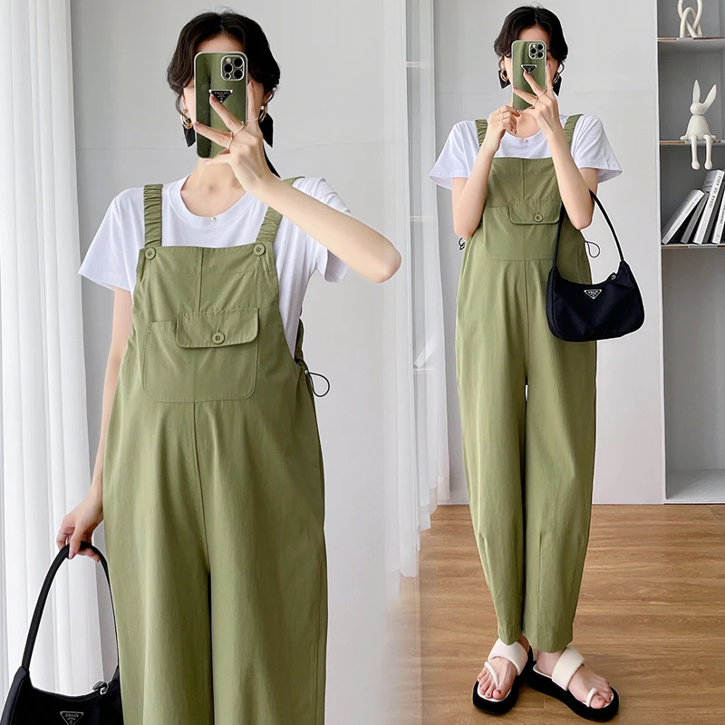 

Summer Thin Maternity Jumpsuits Plus Size Drawstring Waist Ankle-length Pregnant Woman Strap Pants Loose Fashion Rompers Overall