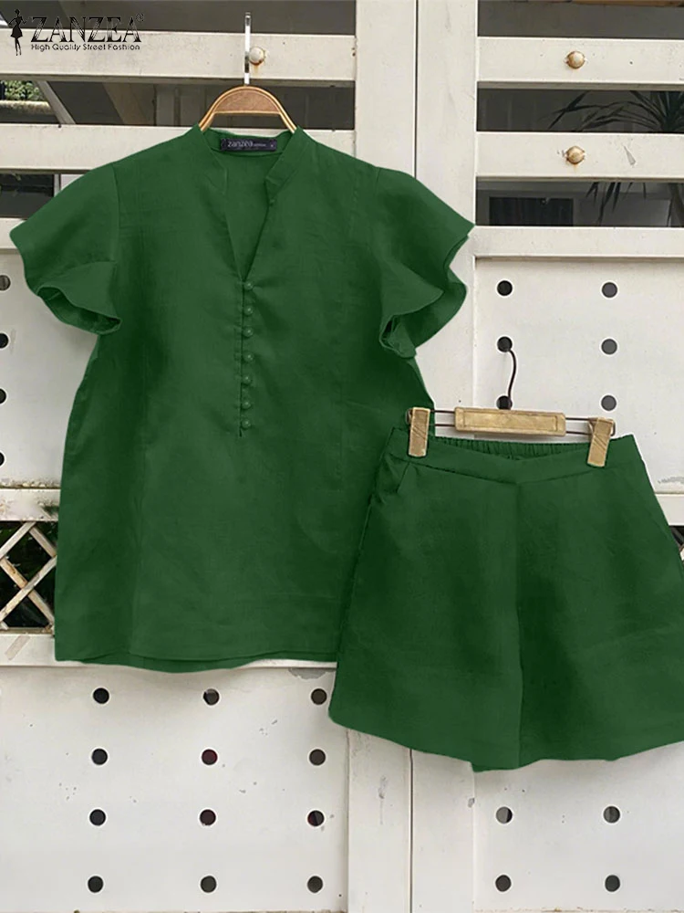 

ZANZEA Woman Casual 2 Pieces Sets Ruffle Sleeve V-Neck Blouse Elastic Waist Shorts Two Piece Outfits Summer Day Wear Short Sets