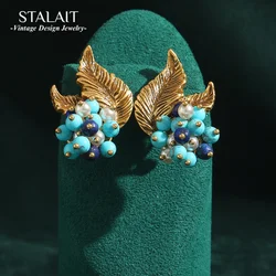 Bohemia Vintage Designer Gold Color Leaf Stud Earring Blue Rice Beads Inlaid Jewelry Gifts for Women Useful Accessoire Gothique