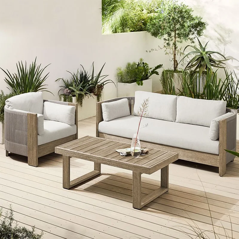 2Nordic outdoor rattan sofa teak villa hotel courtyard garden outdoor rattan chair combination anticorrosive solid wood