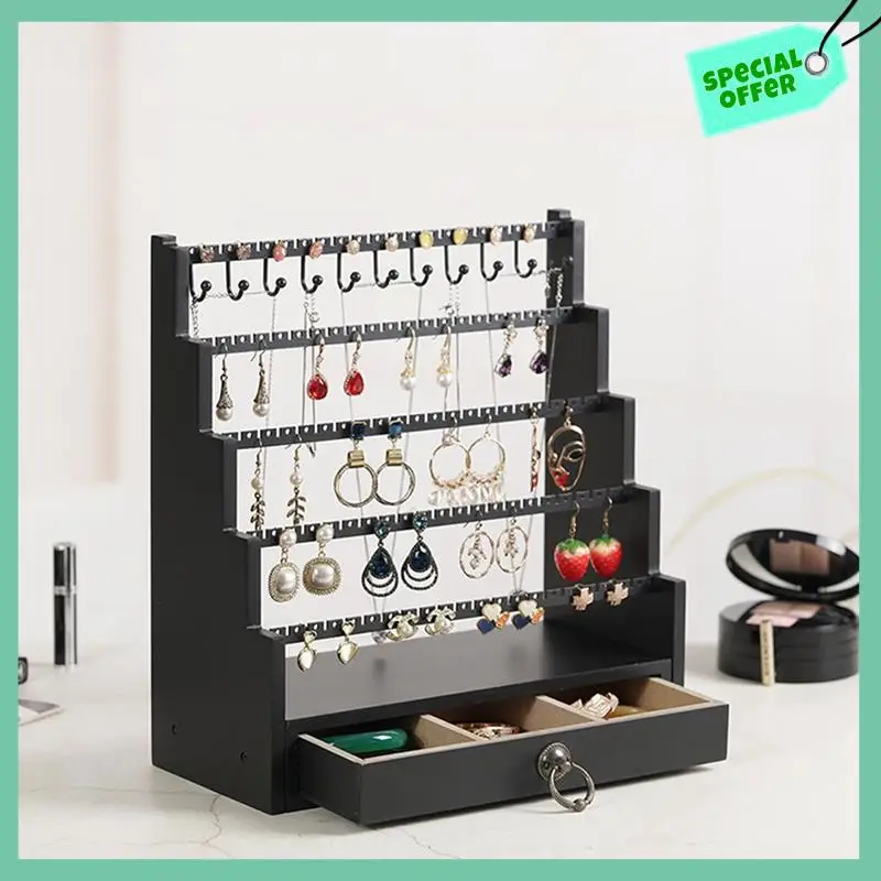 

5-Layer Stepped Wooden Base Jewelry Rack Earring Ring Stand Earrings Necklaces Rings Jewelry Stand