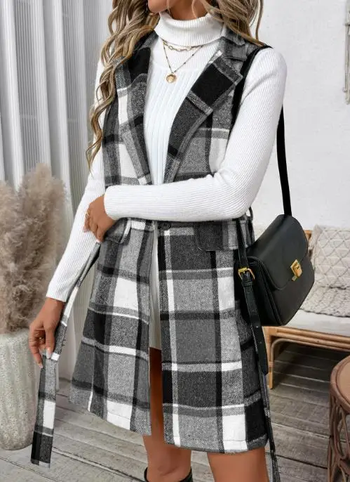 2025 Autumn New Casual Commuting Retro Style Lace Up Lapel Plaid Women's Vest Jacket