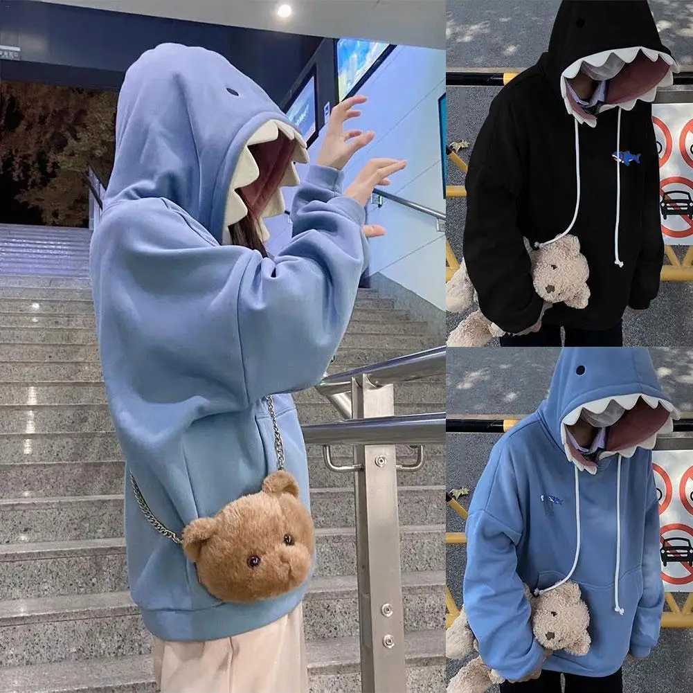 

Funny Shark Patchwork Hoodies Man Autumn Kawaii Fleece Sweatshirt Casual Long Sleeve Pullover School Couple Clothes