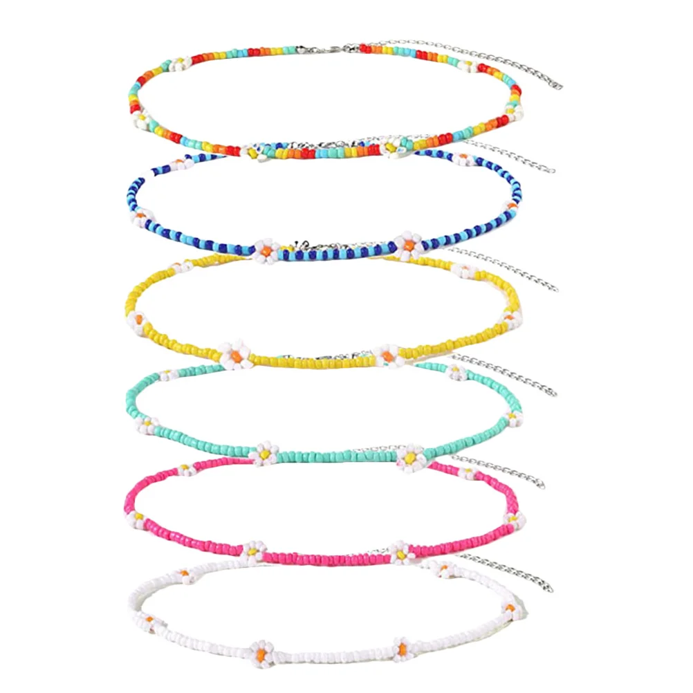 

6Pcs Bohemian Beaded Flower Necklace Set Lightweight Summer Necklace Chic Statement Jewelry for Women Flower Necklaces for Women
