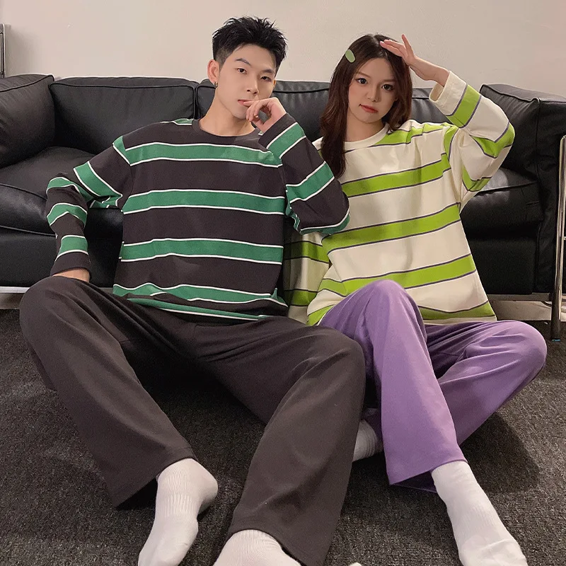 Couple Pajamas Spring Autumn Cotton Long Sleeves Sleepwear Set Lovely Loose Thin Loungewear Striped Women Cotton Pajamas Men