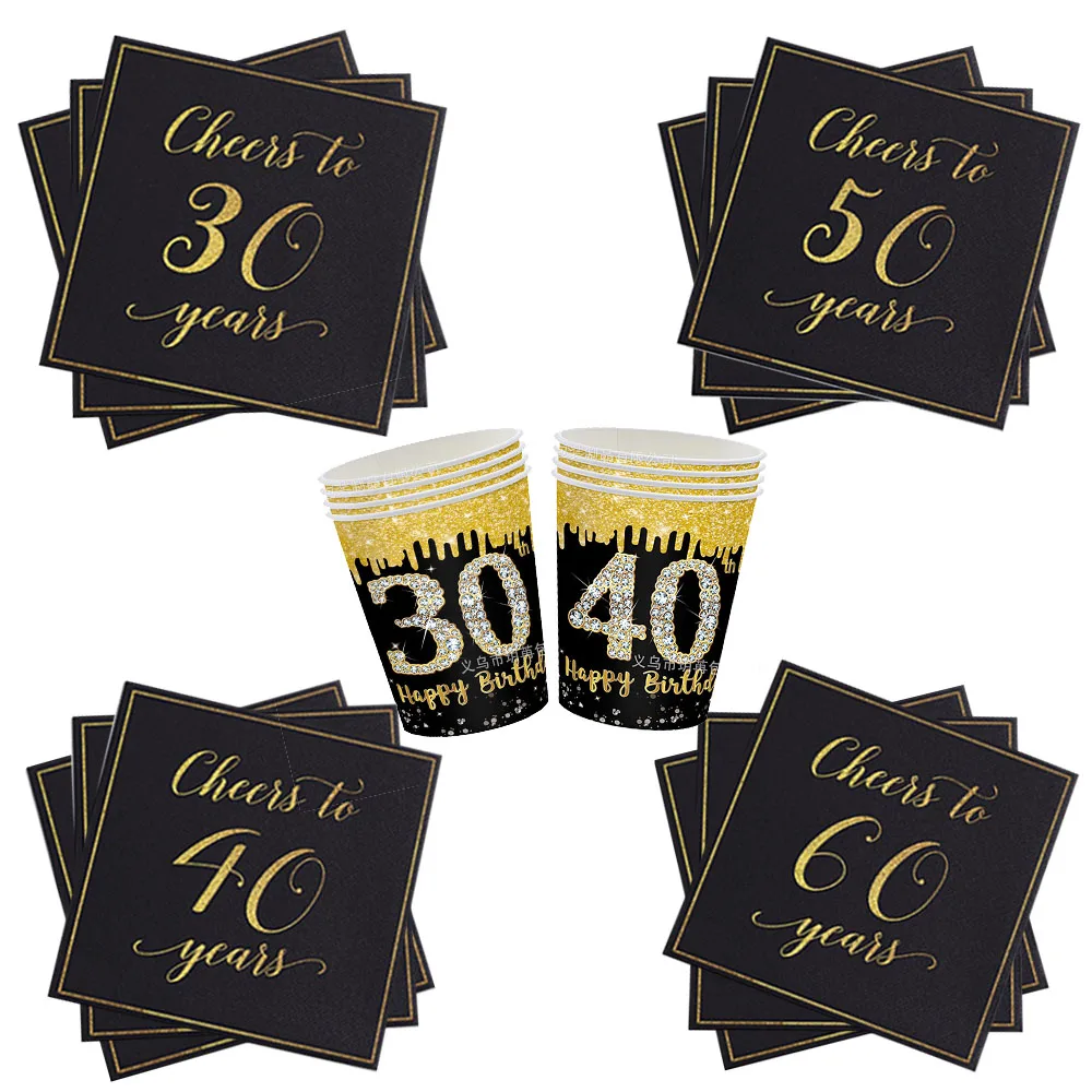 Cheers to 30 40 50 60 year Napkins Black and Gold Party Decorations Tableware for Men Woman Birthday Party Decoration Supplies