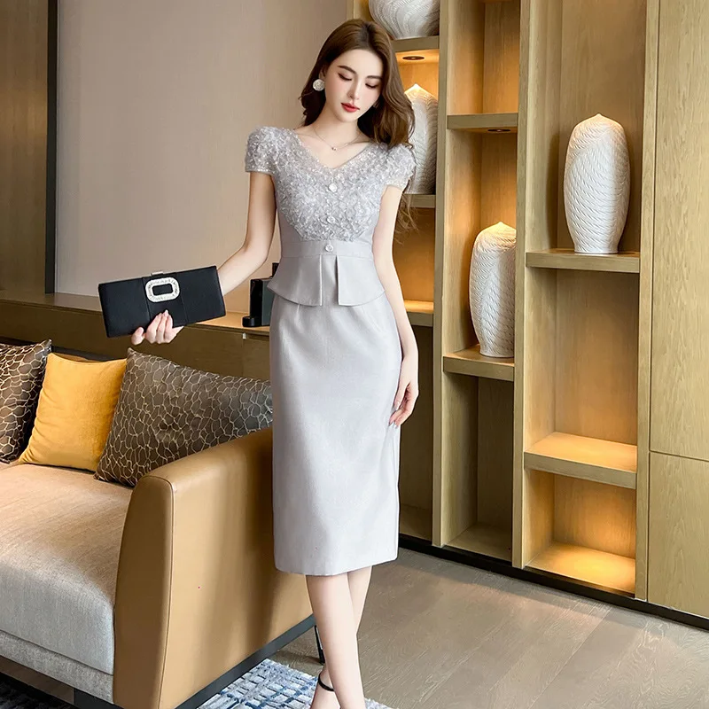 Elegant Graceful V-neck Sequins Short Sleeve Sheath Dress Women 2024 Summer New Office Lady Lace Stitching Fake Two Pieces Dress