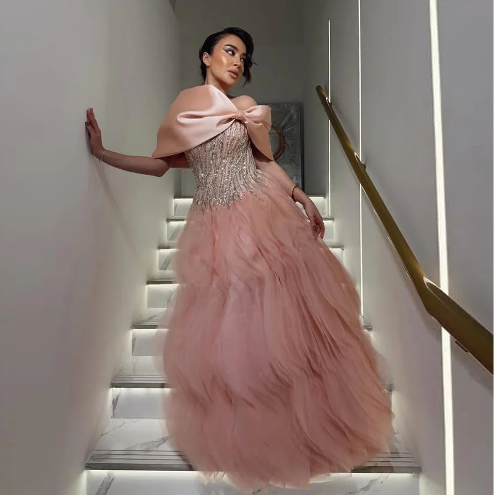 

Customized Luxurious Ruffles Special Occasion Dress 2026 Off the Shoulder Layered Tulle vestidos de novia Bead Pink Prom Dresses