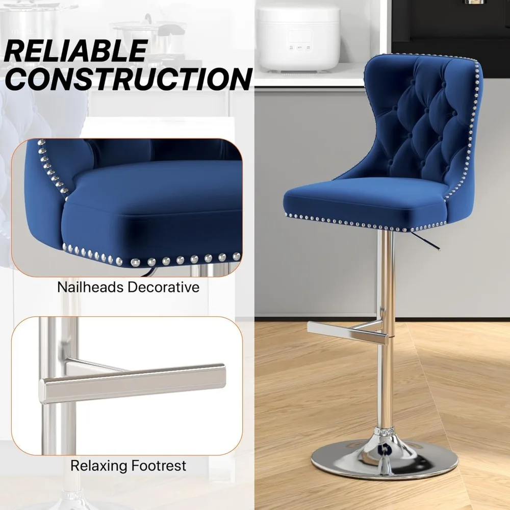 Barhocker-Set, 4er-Set, drehbare Thekenhocker aus Samt mit getufteter Rückenlehne, verstellbarer Sitz mit Nagelkopfbesatz