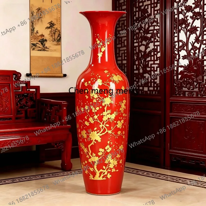

Ceramic red floor-to-ceiling vase Chinese living room, the company opened housewarming gift ornament