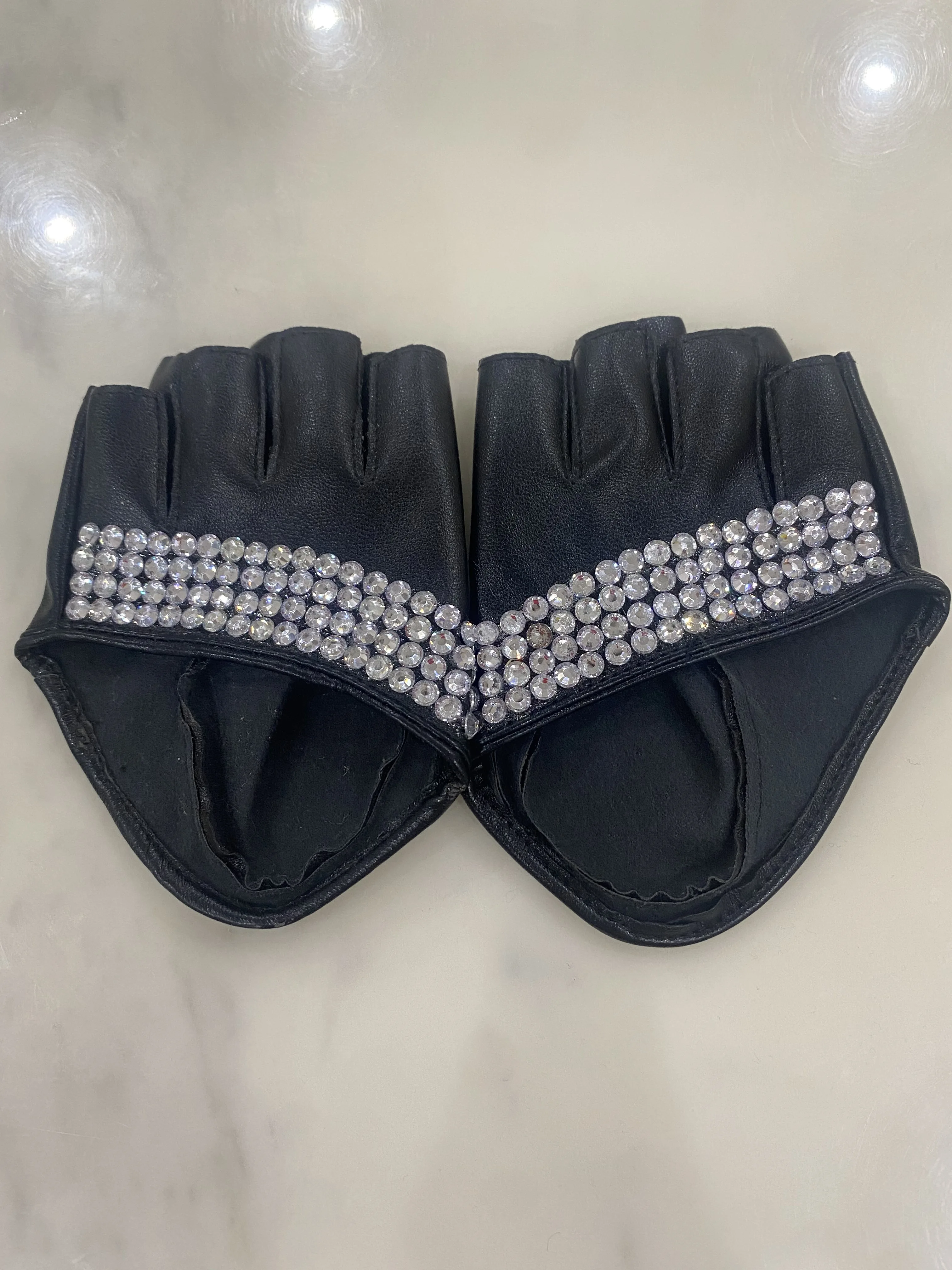 Women's Fashion Half Palm Semi- finger PU Leather Rhinestone Gloves Men's Fingerless Hip-hop Personality Diy Gloves