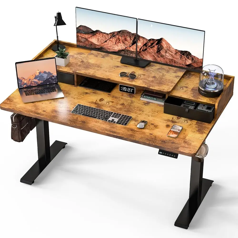 Mesa Elétrica Ajustável de 55 x 30 Polegadas com Duas Gavetas, Mesa de Computador com Altura Ajustável para Home Office, Grande Estação de Trabalho para Sentar e Ficar em Pé