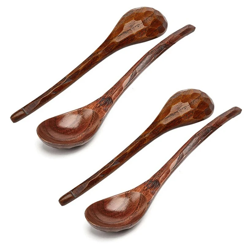 

4Pcs Wooden Spoon Long Handled Ramen Soup Spoon Big Japanese Style Kids Rice Dessert Cereal Dinning Spoon Wood Kitchen Tableware