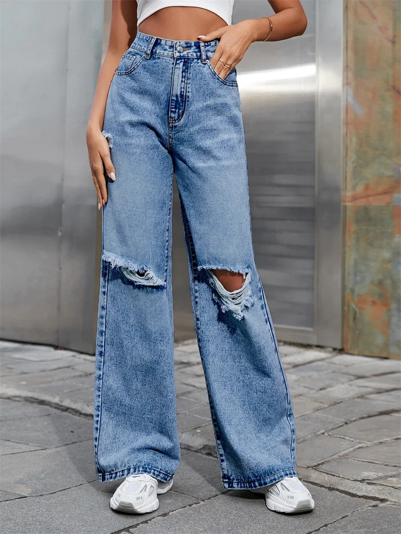 Streetwear Ripped Baggy Jeans Autumn Clothes Women 2024 Solid Color High Waist Wide Leg Denim Pants Basic Denim Trousers Bottoms