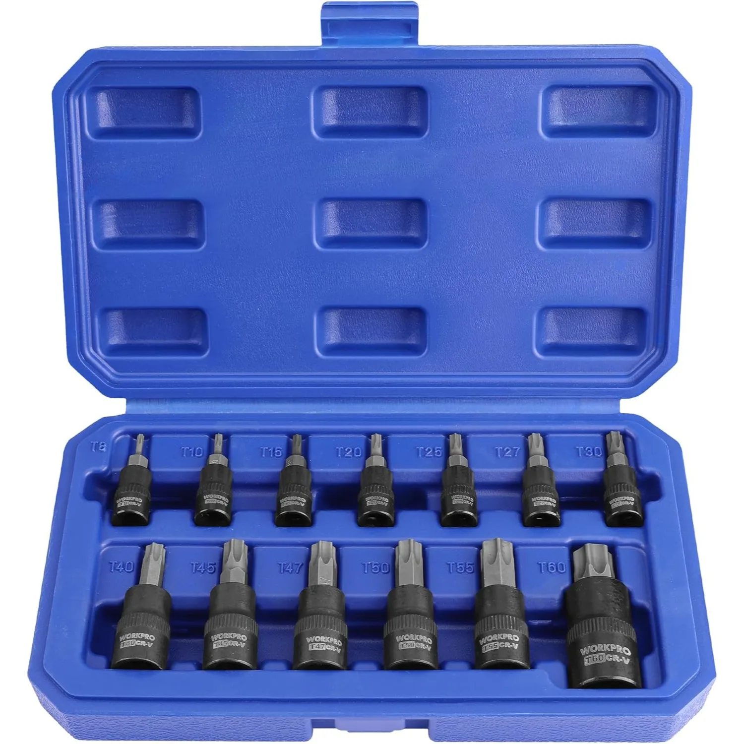 

Torx Bit Socket Set, 1/4" 3/8" 1/2" Drive, 13-Piece T8-T60, S2 Steel Bits and CR-V Sockets with Case