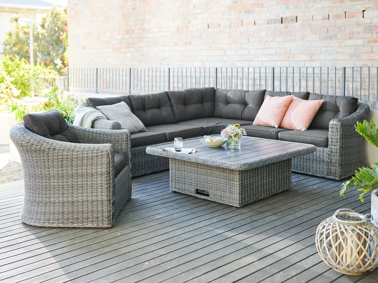 para sofá al aire libre con mesa de centro baja, cómodo juego de muebles de mimbre de mimbre para Patio seccional de esquina, silla de bistró de ratán
