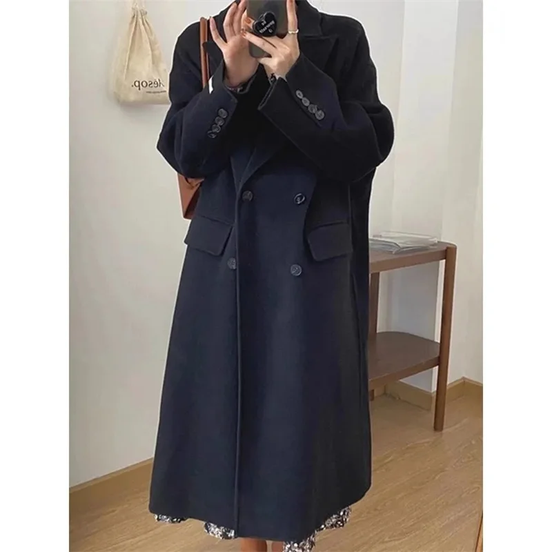 ใหม่ฤดูใบไม้ร่วงฤดูหนาวเสื้อโค้ทยาวผู้หญิงหลวมพอดีความยาวปานกลางเฮปเบิร์นสไตล์เสื้อขนสัตว์หนาแขนยาวสีทึบ