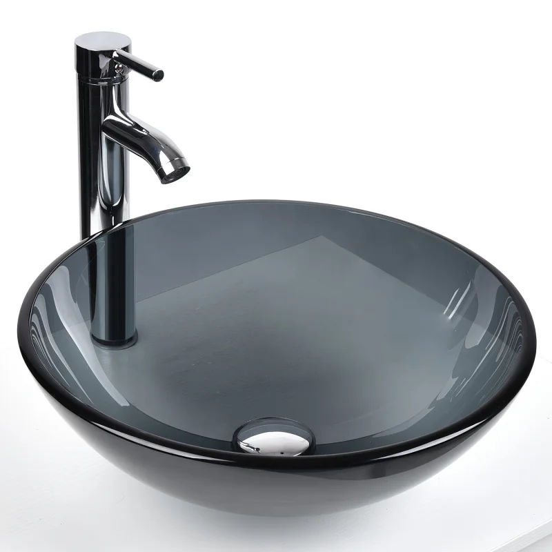 Bathroom Vessel Sink, Round Glass Vessel Sink Basin with Faucet Pop-Up Drain, Grey