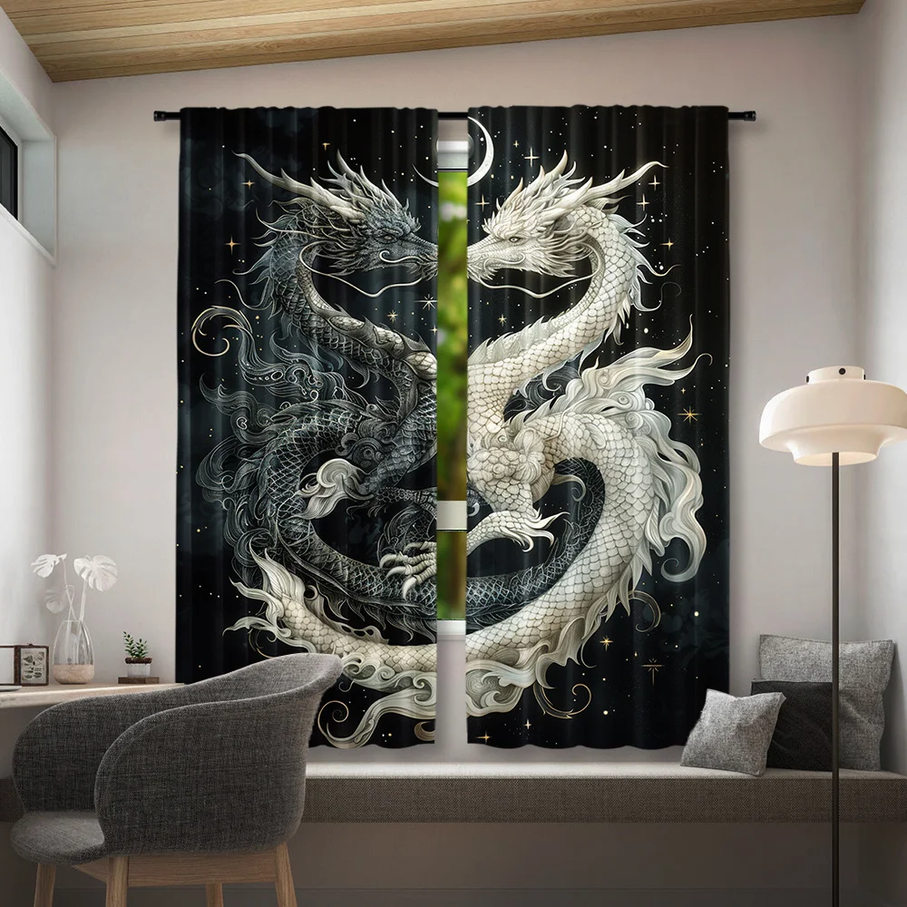 2pcs, Tai Chi Dragon Print Curtain for Home Decor, Rod Pocket Window, for Bedroom, Office, Kitchen, Living Room, And Study