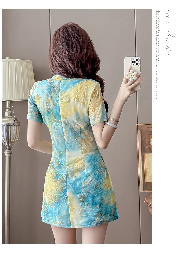 2026 Gradient Jacquard Cheongsam Dress+Shorts 2 Piece Set Women Vintage Chinese Style Short Length No Slit Summer Outfit