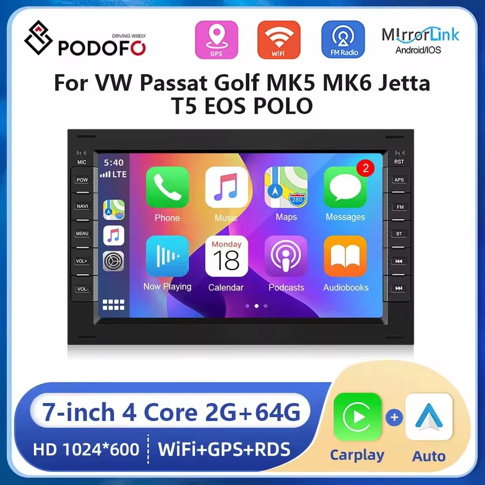 Podofo 2din 7” Android Car Radio for VW Passat Golf MK5 MK6 Jetta POLO Touran Seat Carplay Android auto WIFI Navigation FM RDS