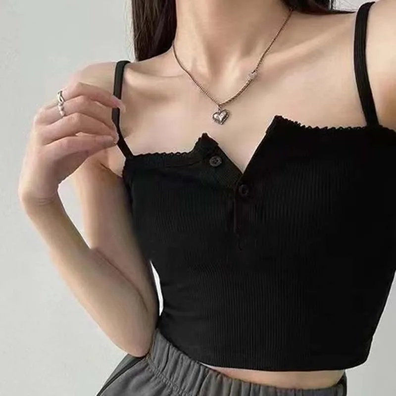 Boring Honey New Vintage Slim Cotton Tops Summer Ruffle Trim   Sexy Square Collar Y2k Camis Blouses Women Sweet Cute Slim Crop