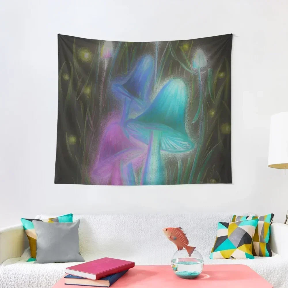 Fireflies and Psychadelic Mushrooms Glowing in the Dark Tapestry Custom Room Decore Aesthetic Tapestry