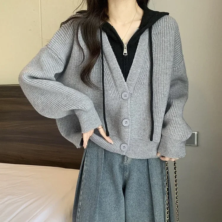 Fake two-piece knitted cardigan jacket women\'s autumn and winter plus size casual simple slim short hooded sweater top