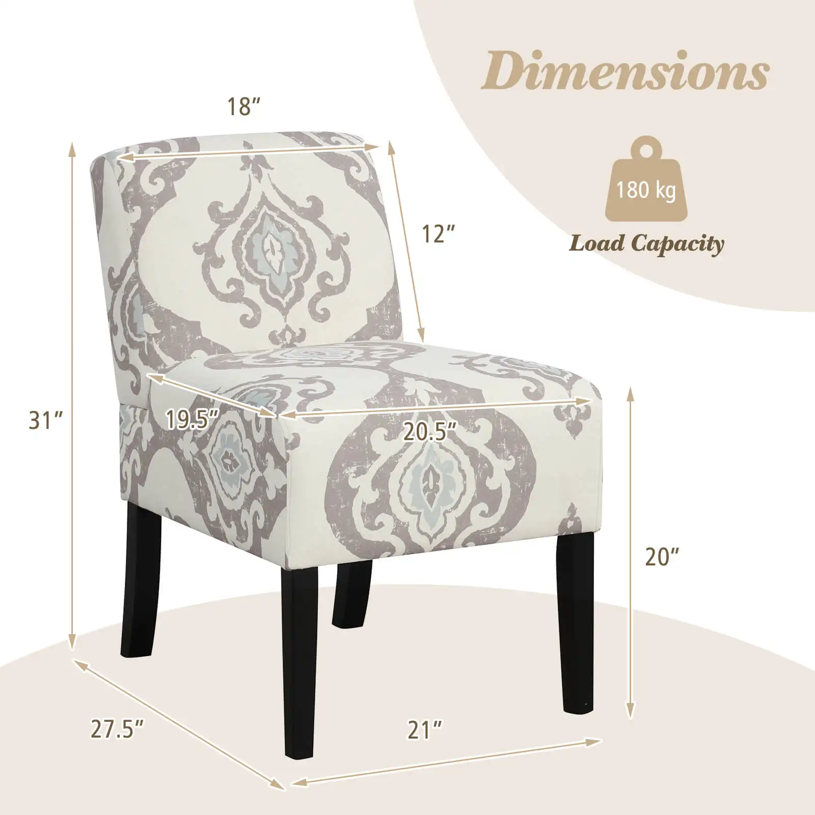 Armless Accent Chair with Rubber Wood Legs Modern Vanity Chair for Bedroom