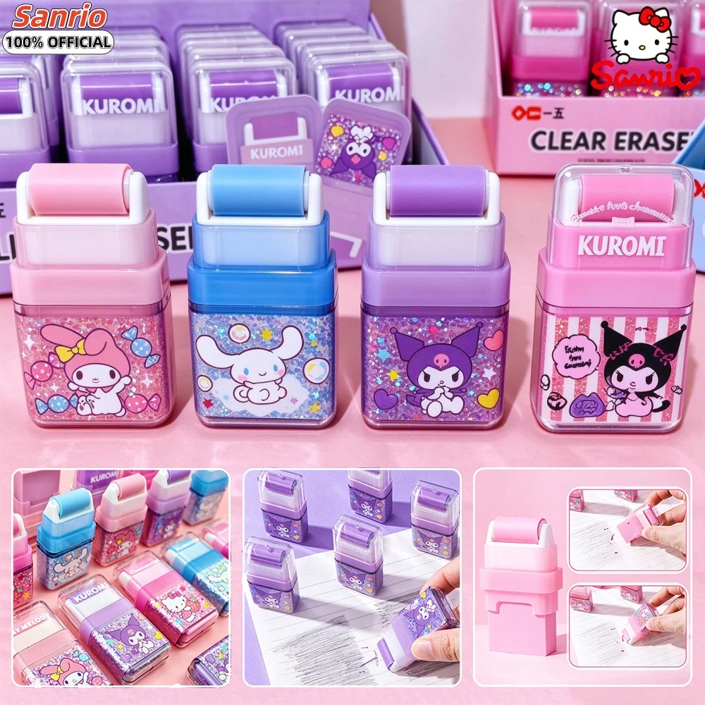 Genuine Sanrio Cartoon 2-In-1 Rolling Erasers With Crumbs Storage Cute Kuromi Cinnamoroll Melody Low Residue Eraser Party Favors