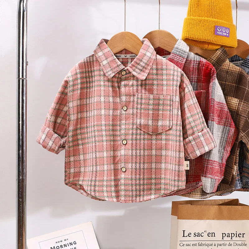 2024 Autumn Children Boys Plaid Shirts Cotton Turn Down Collar Casual Toddler Kid Boy Coat Loose Long Sleeve Infant Baby Boy Top