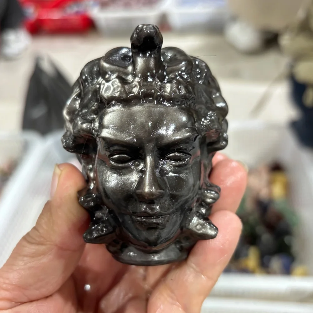 1PC Natural Silver Sheen Obsidian Medusa Figurine Hand Carved Gorgon Head Statue Reiki Healing Gemstone Sculpture Home Desktop D