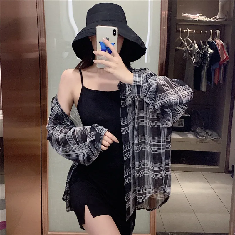 

Spring Summer Thin Black Plaid Chiffon Shirts Cardigan Women Long Sleeve Holiday Beach Long Cover Up Sun Protection Shirt Coat