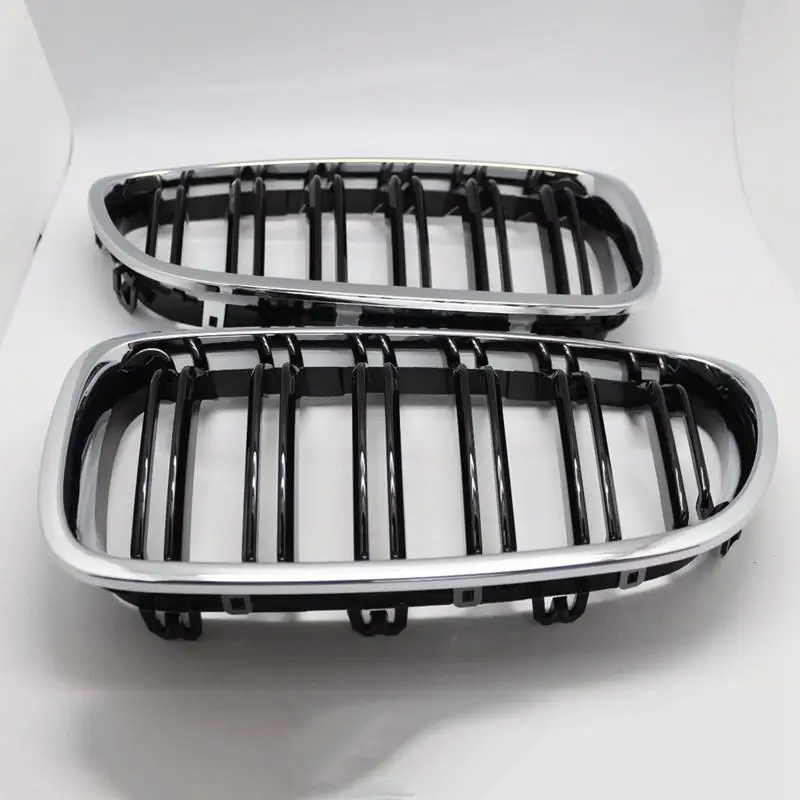 Silver + Black Dual Fin Front Grille Grill Hood Nose For BMW F10 F11 5 2010-2015