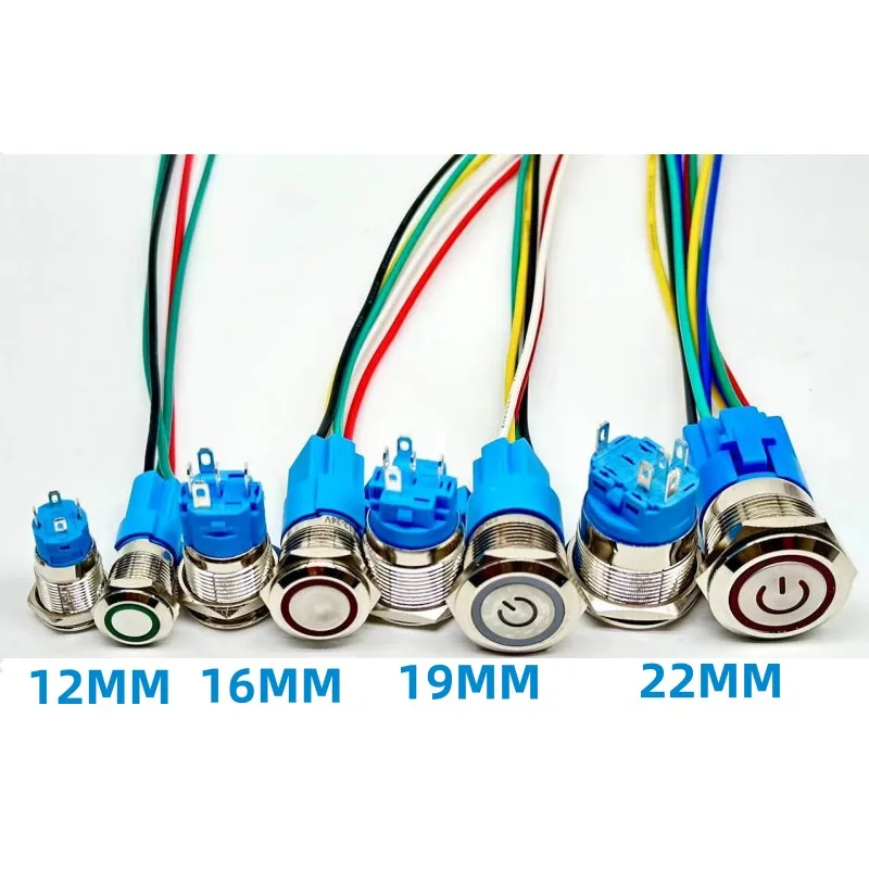 12/16/19/22MM Waterdichte Metalen Drukknop LED Licht Momentary Vergrendeling auto Motor Schakelaar 5V 12V 24V 220V Rood Blauw