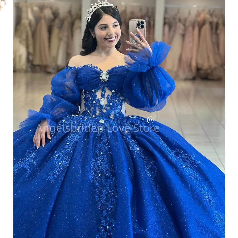 

Angelsbridep Crystal Royal Blue Ball Gown 15 Year Quinceanera Dresses Puff Sleeves Girls Brithday Party Dress Vestidos De Fiesta