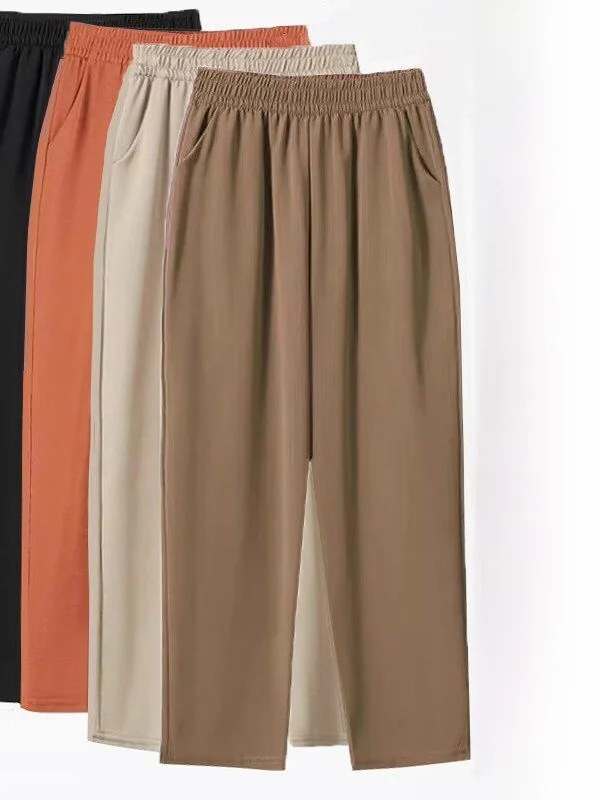 Ice Silk Hemp Casual Pants Women's Summer Thin Nine Points Loose Straight Leg Pants Large Size High Waist Elastic Waistband