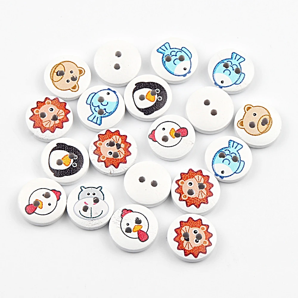 50pcs 15mm Cartoon Animal Buttons Round Wooden Sewing Buttons For Kid Clothing Decoration DIY Needlework Accessories