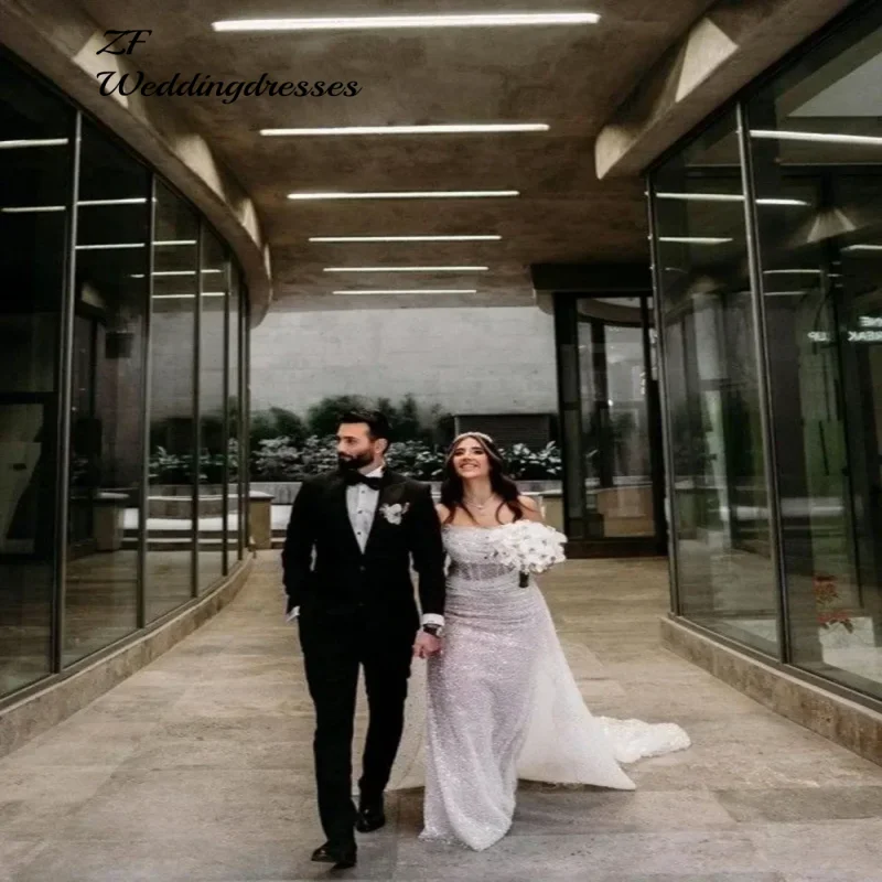 Maßgeschneiderte weiße Glitzer-Meerjungfrau-Hochzeitskleider, glänzende Pailletten, Brautkleid, abnehmbarer Zug, schulterfrei, Vestido De Novia