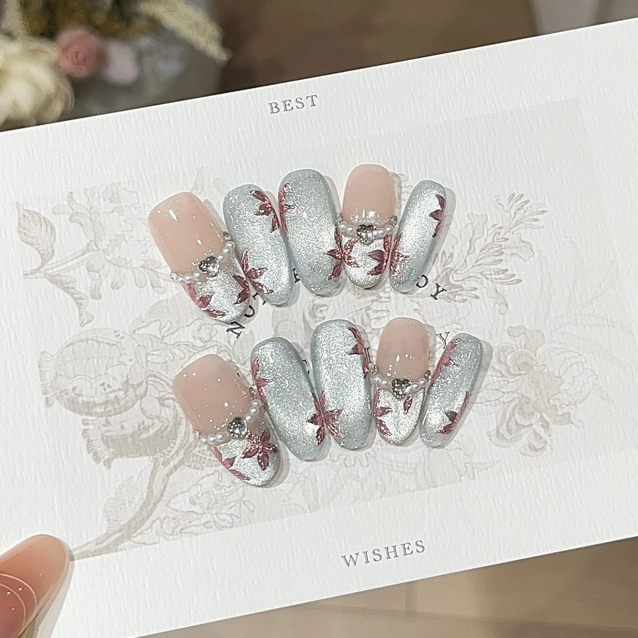 

10Pcs Handmade Press on Nails Ice Blue Glitter French Cat Eye False Nails Shiny Crystal Flower Wearable Fake Nail Tips for Woman