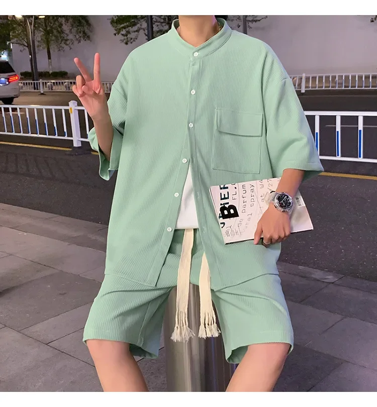 Men Clothing 2023 Summer Loose Casual Ice Silky Drape Men\'s Sets Simple All Match Single Breasted Shirt + Shorts High Quality