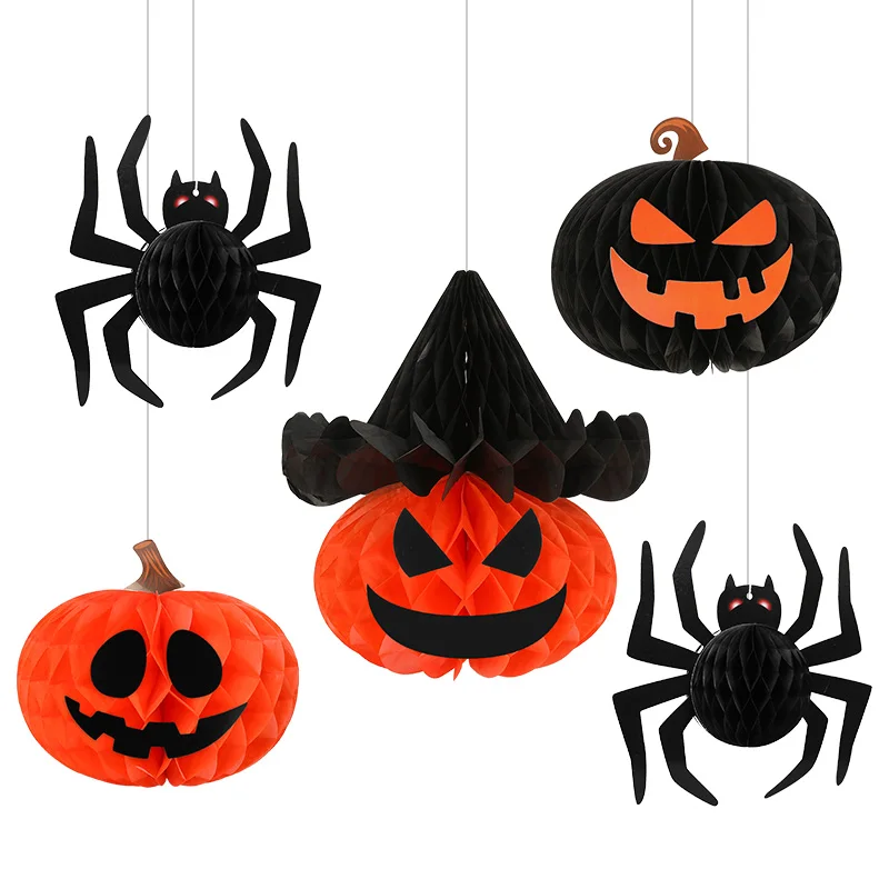 

5Pcs Halloween Themed Honeycomb Ball Set Hanging Pumpkin Spider Paper Crafts Ornament Party Decoration for Home Indoor Outdoor