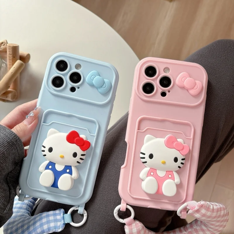 

Luxury Blue Pink yellow Cute Hello Kitty Cat Wallet card bag Phone Case For iPhone 14 15 16 17 Pro Max cartoon Kitty lanyard﻿﻿﻿﻿