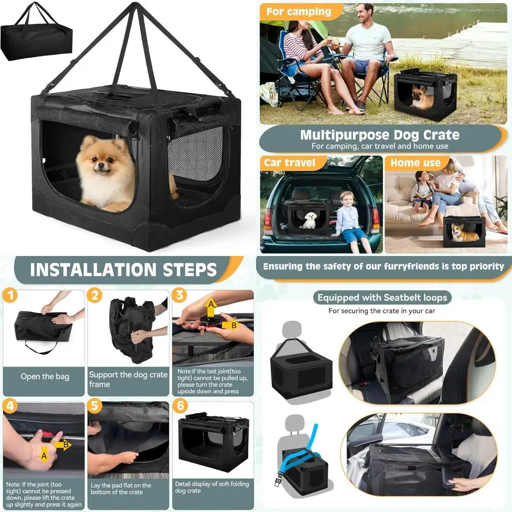 

Портативная переноска для собак мелких пород 24 дюйма - Складная уличная и домашняя переноска для животных с ручкой, черная