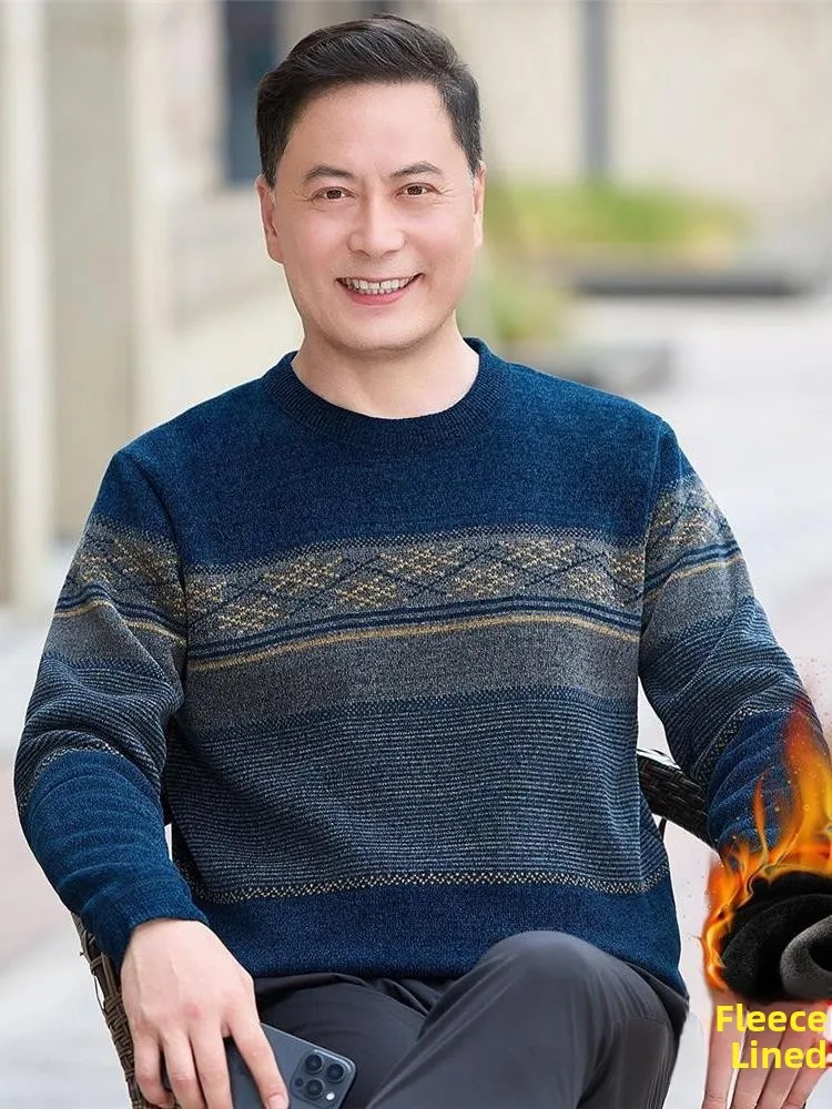 

Thiened Fce Lined Dad Sweater round Ne Winter Warm Top for Middle Aged And ly Men Autumn Winter Sle Knittedwear
