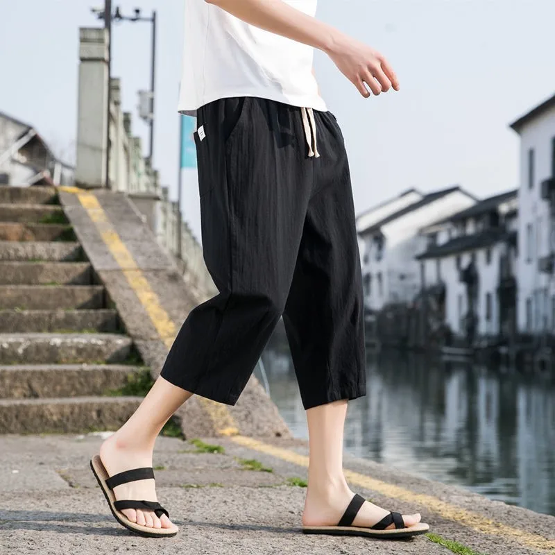 

Summer Cotton Linen Men's Casual Pants Loose Straight Leg Harlan orts Anti-Bacterial Lightweight Breathable Comfortable